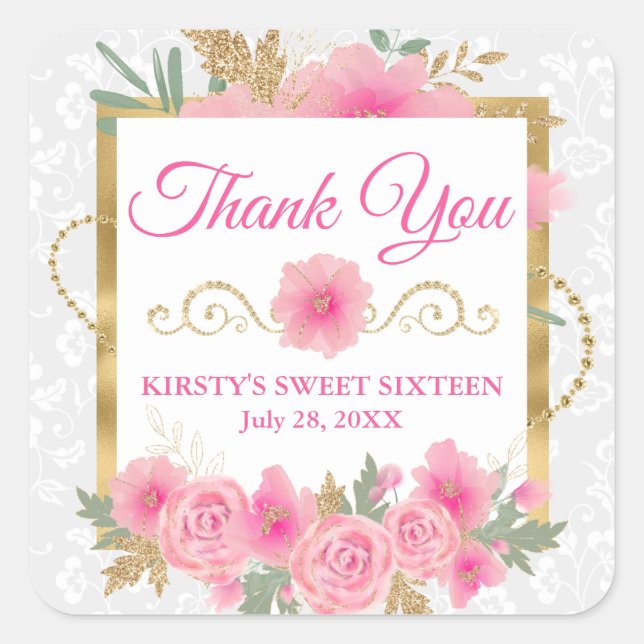 Watercolor Pink Flowers & Gold Foil Sweet Sixteen  Square Sticker (Front)