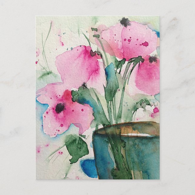 Watercolor Pink Flowers In The Vase Postcard (Front)