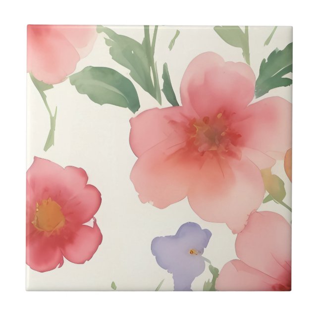 Watercolor Pink Flowers Large Print Floral White Tile (Front)