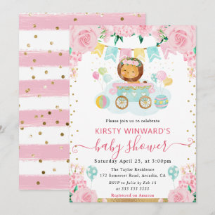 Watercolor Pink Flowers Lion Baby Shower Invitation