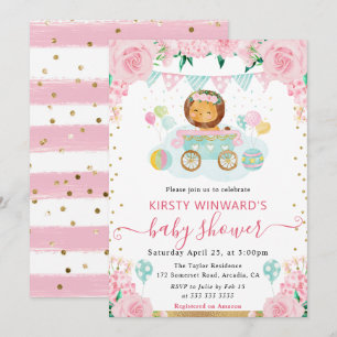 Watercolor Pink Flowers Lion Baby Shower Invitation