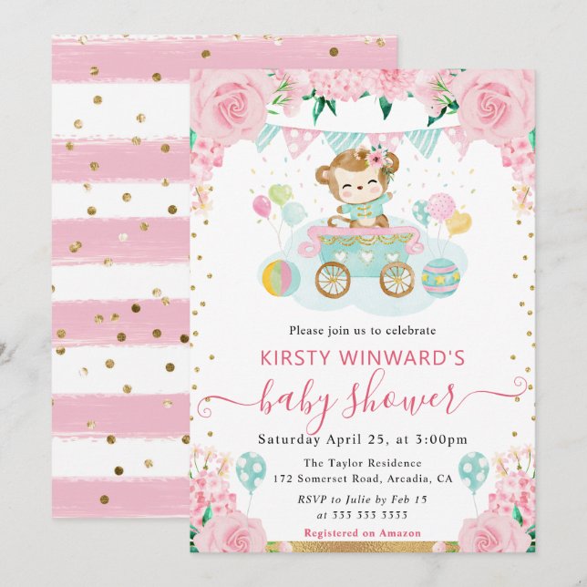 Watercolor Pink Flowers Monkey Baby Shower Invitation (Front/Back)