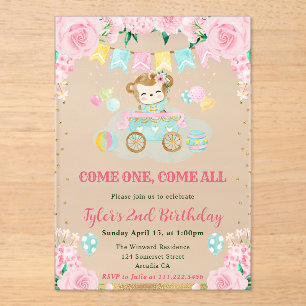Watercolor Pink Flowers Monkey Kids Birthday Acrylic Invitations