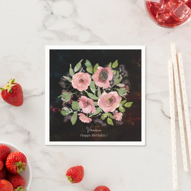Watercolor Pink flowers on Black Napkin (Insitu)
