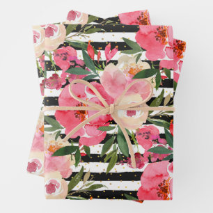 Watercolor Pink Flowers on Black White Stripes Wra Wrapping Paper Sheet