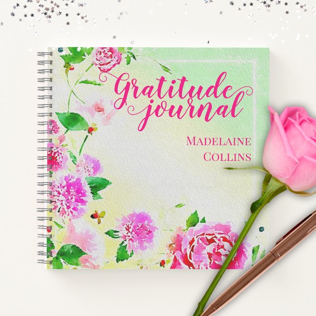 Watercolor Pink Flowers On Green Gratitude Journal (Creator Uploaded)