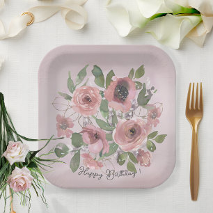 Watercolor Pink flowers on Pink Paper Plate