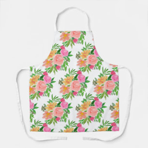 Watercolor pink flowers on white apron