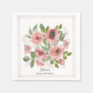 Watercolor Pink flowers on White Napkin