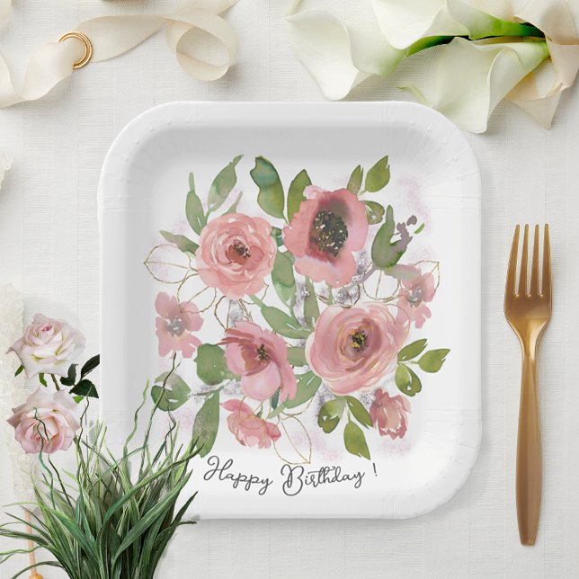 Watercolor Pink flowers on White Paper Plate (Watercolor Pink flowers on White Paper Plates)