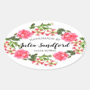 Watercolor Pink Flowers Oval Wreath Design Oval Sticker