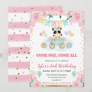 Watercolor Pink Flowers Panda Kids Birthday Invitation