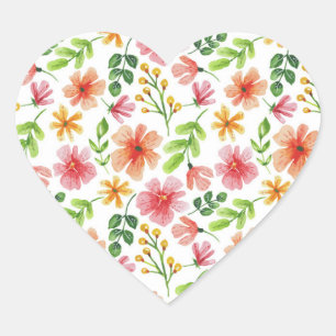 Watercolor Pink Flowers Pattern-69677 Heart Sticker