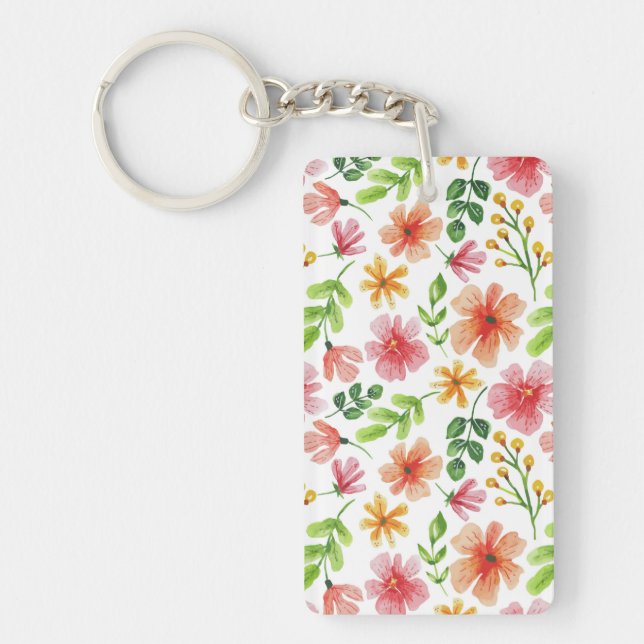 Watercolor Pink Flowers Pattern-69677 Key Ring (Front)