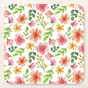 Watercolor Pink Flowers Pattern-69677 Square Paper Coaster