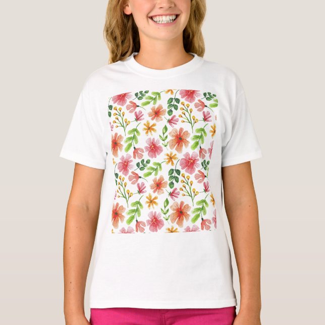 Watercolor Pink Flowers Pattern-69677 T-Shirt (Front)