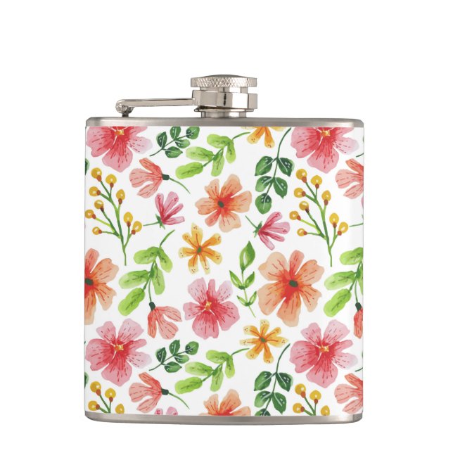 Watercolor Pink Flowers Pattern Hip Flask (Front)