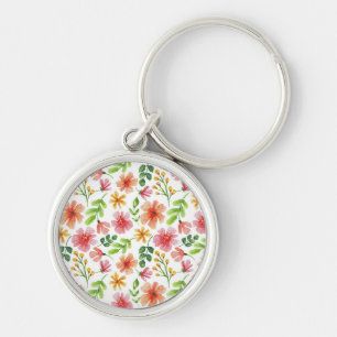 Watercolor Pink Flowers Pattern Key Ring