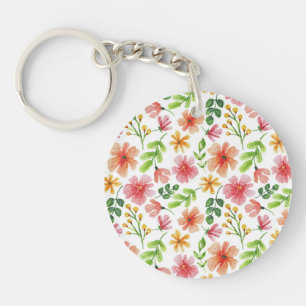 Watercolor Pink Flowers Pattern Key Ring