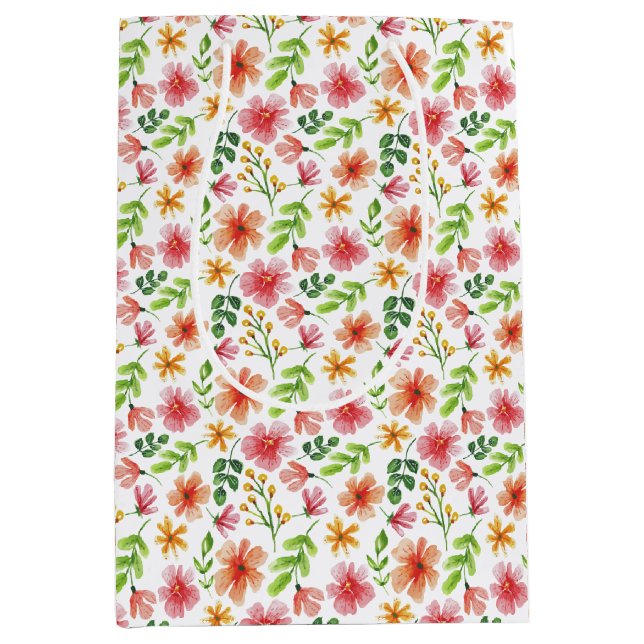 Watercolor Pink Flowers Pattern Medium Gift Bag (Front)