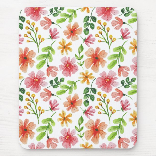 Watercolor Pink Flowers Pattern Mouse Mat (Front)