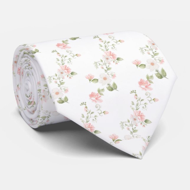 Watercolor pink flowers pattern neck tie (Rolled)