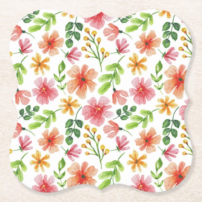 Watercolor Pink Flowers Pattern Paper Coaster (Front)