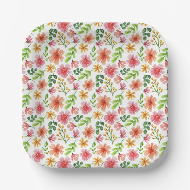 Watercolor Pink Flowers Pattern Paper Plate (Front)