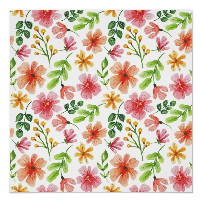 Watercolor Pink Flowers Pattern Poster (Front)