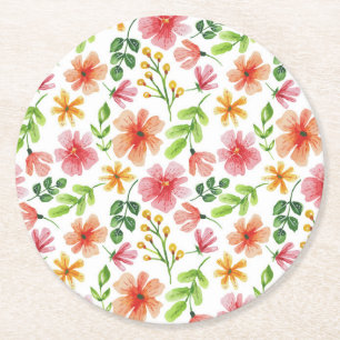 Watercolor Pink Flowers Pattern Round Paper Coaster