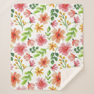 Watercolor Pink Flowers Pattern Sherpa Blanket