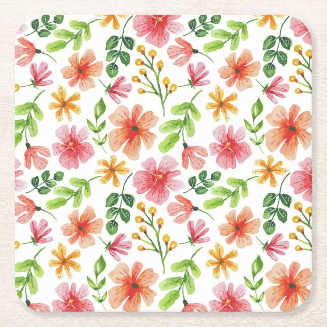 Watercolor Pink Flowers Pattern Square Paper Coaster (Front)