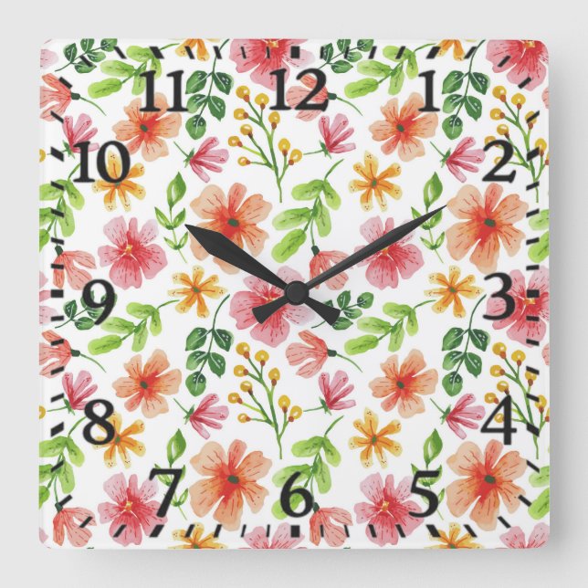 Watercolor Pink Flowers Pattern Square Wall Clock (Front)