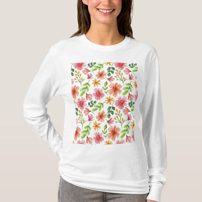 Watercolor Pink Flowers Pattern T-Shirt (Front)