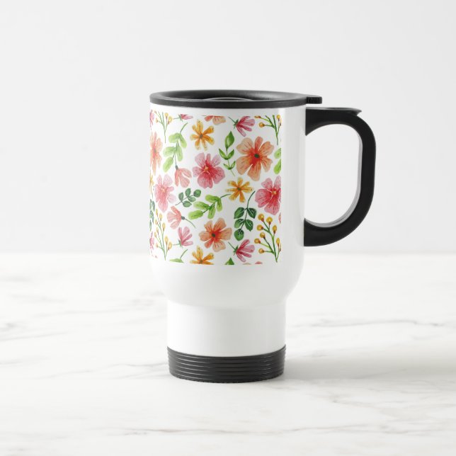 Watercolor Pink Flowers Pattern Travel Mug (Right)