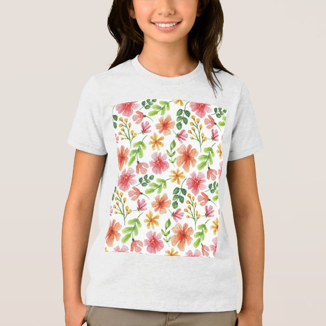 Watercolor Pink Flowers Pattern Tri-Blend Shirt (Front)