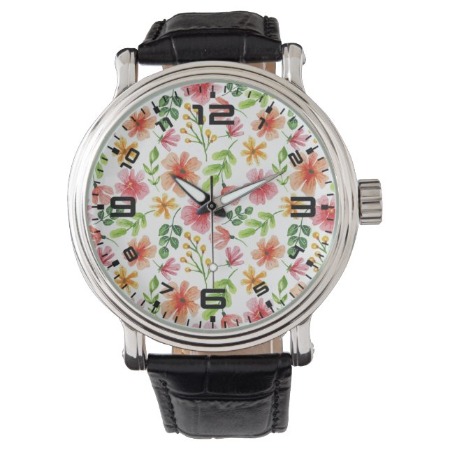 Watercolor Pink Flowers Pattern Watch (Front)