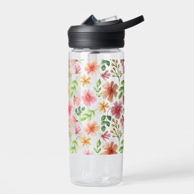 Watercolor Pink Flowers Pattern Water Bottle (Left)
