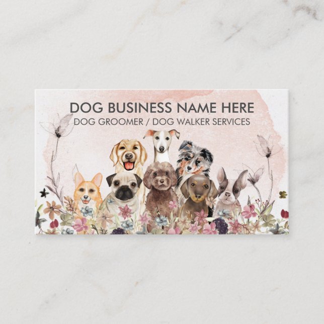 Watercolor Pink Flowers Pet Sitter Walker dogs Business Card (Front)