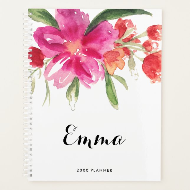 Watercolor Pink Flowers Posy Personalised Planner (Front)