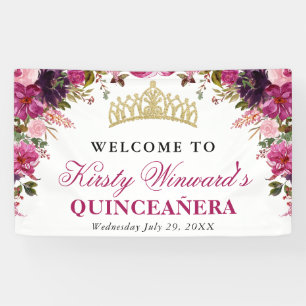 Watercolor Pink Flowers Quinceanera Banner