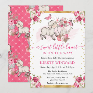 Watercolor Pink Flowers Spring Lamb Baby Shower Invitation