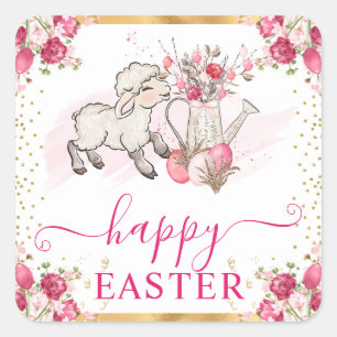 Watercolor Pink Flowers Spring Lamb Easter Square Sticker