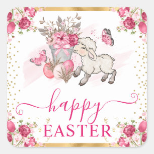 Watercolor Pink Flowers Spring Lamb Easter Square Sticker