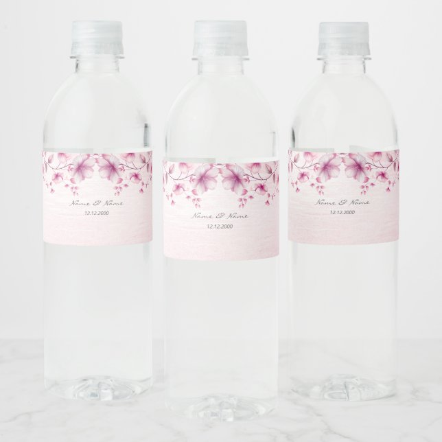 Watercolor Pink Flowers Water Bottle Label (Bottles)
