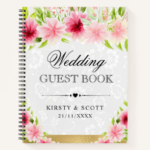 Watercolor Pink Flowers Wedding Guest Book
