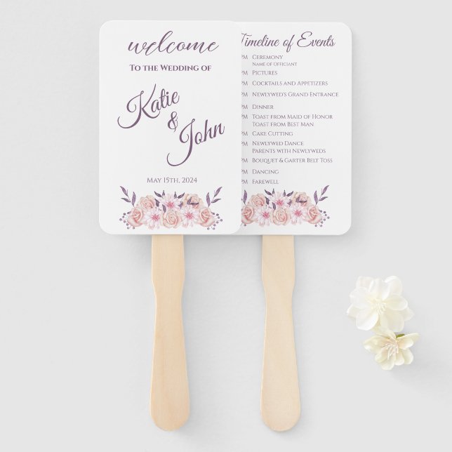 Watercolor Pink Flowers-Wedding Program- Hand Fan (Front and Back)