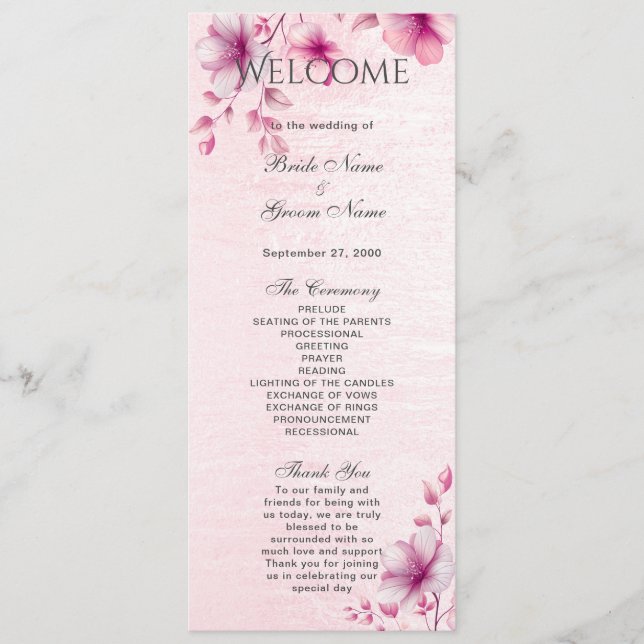 Watercolor Pink Flowers Wedding Program Programme (Front)