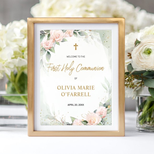 Watercolor Pink Flowers Welcome To First Communion Poster (Creator Uploaded)