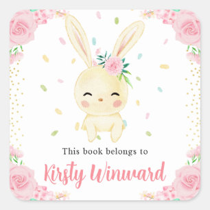 Watercolor Pink Flowers White Rabbit Bookplate Square Sticker